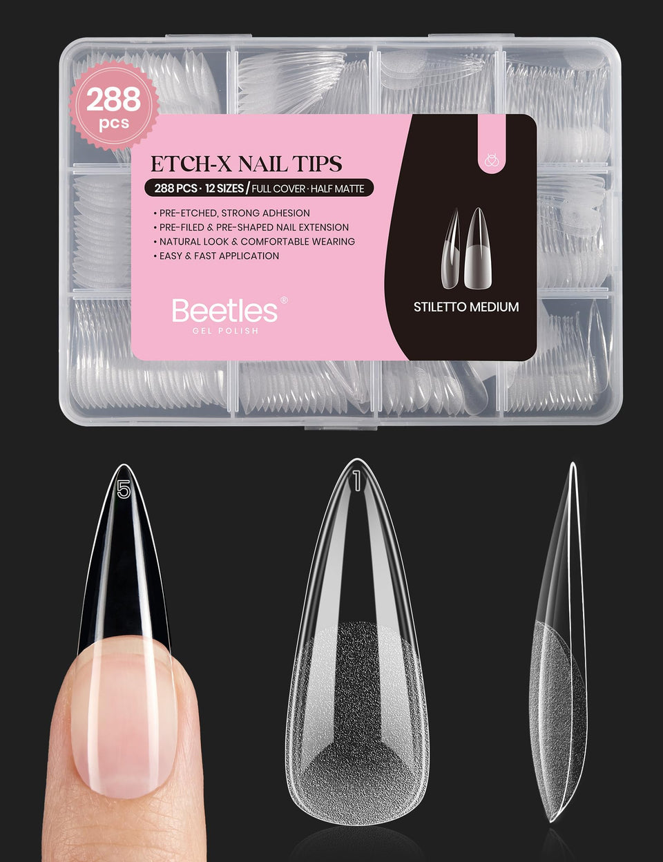 Beetles Gel Polish front packaging showing 288-piece stiletto set, easy selection benefit