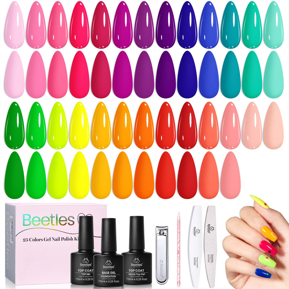 beetles front packaging showing full 25-color neon set and included coats