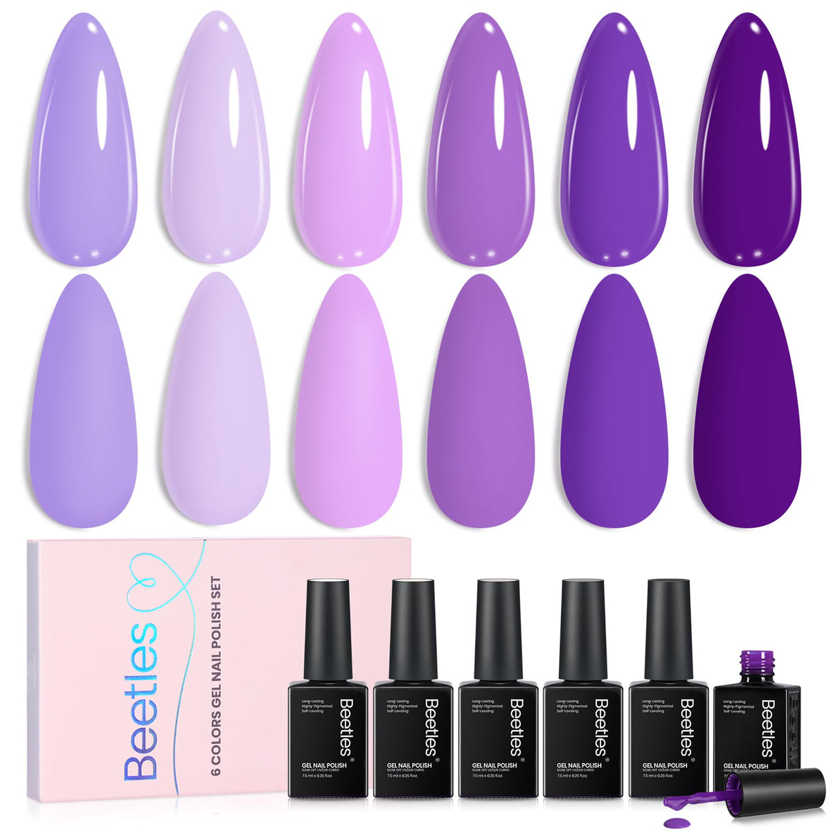 Beetles Gel Polish front packaging showing Violet Letter Collection benefits