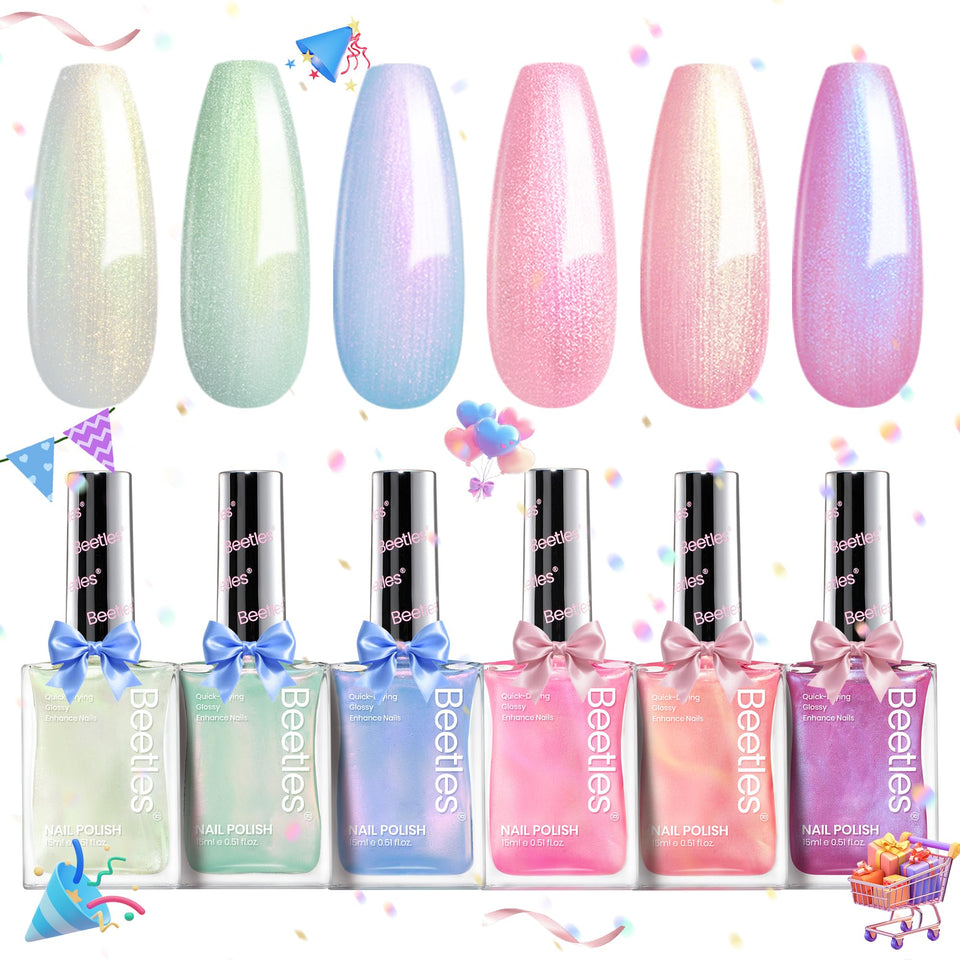 Beetles front packaging showing six-mermaid shimmer bottles and benefit quick-dry