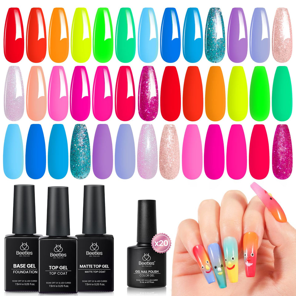 Beetles front packaging showing all 20 neon gel bottles and top/base coats, vibrant variety