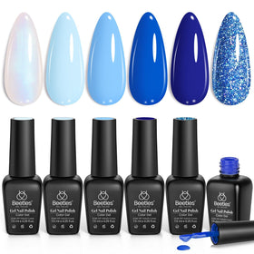 Beetles front packaging showing six blue gel polish bottles and box, clear gift presentation