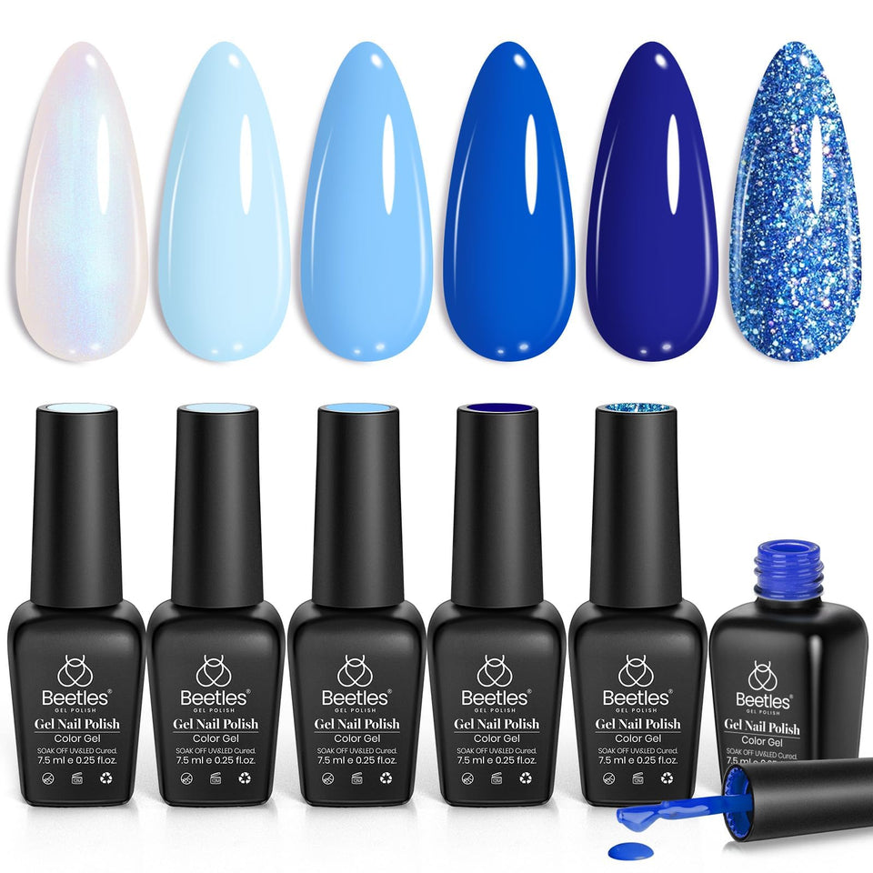 Beetles front packaging showing six blue gel polish bottles and box, clear gift presentation
