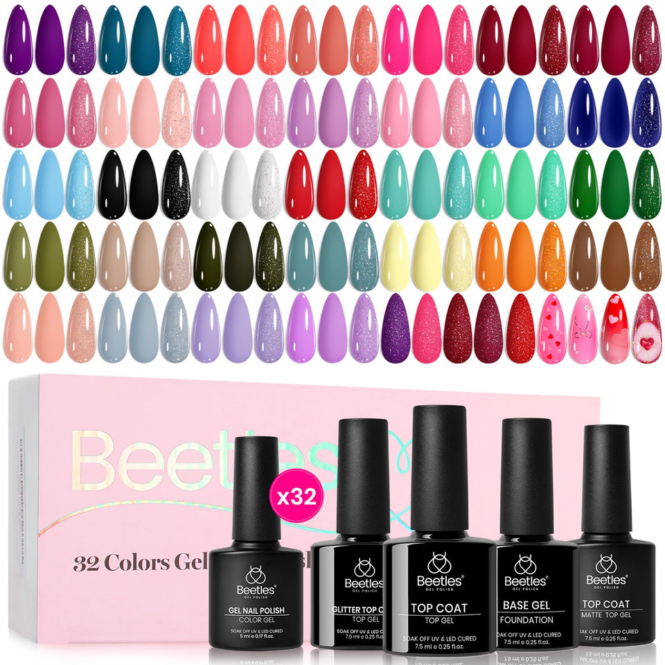 beetles gel polish front packaging showing 32-color set and bottles for variety