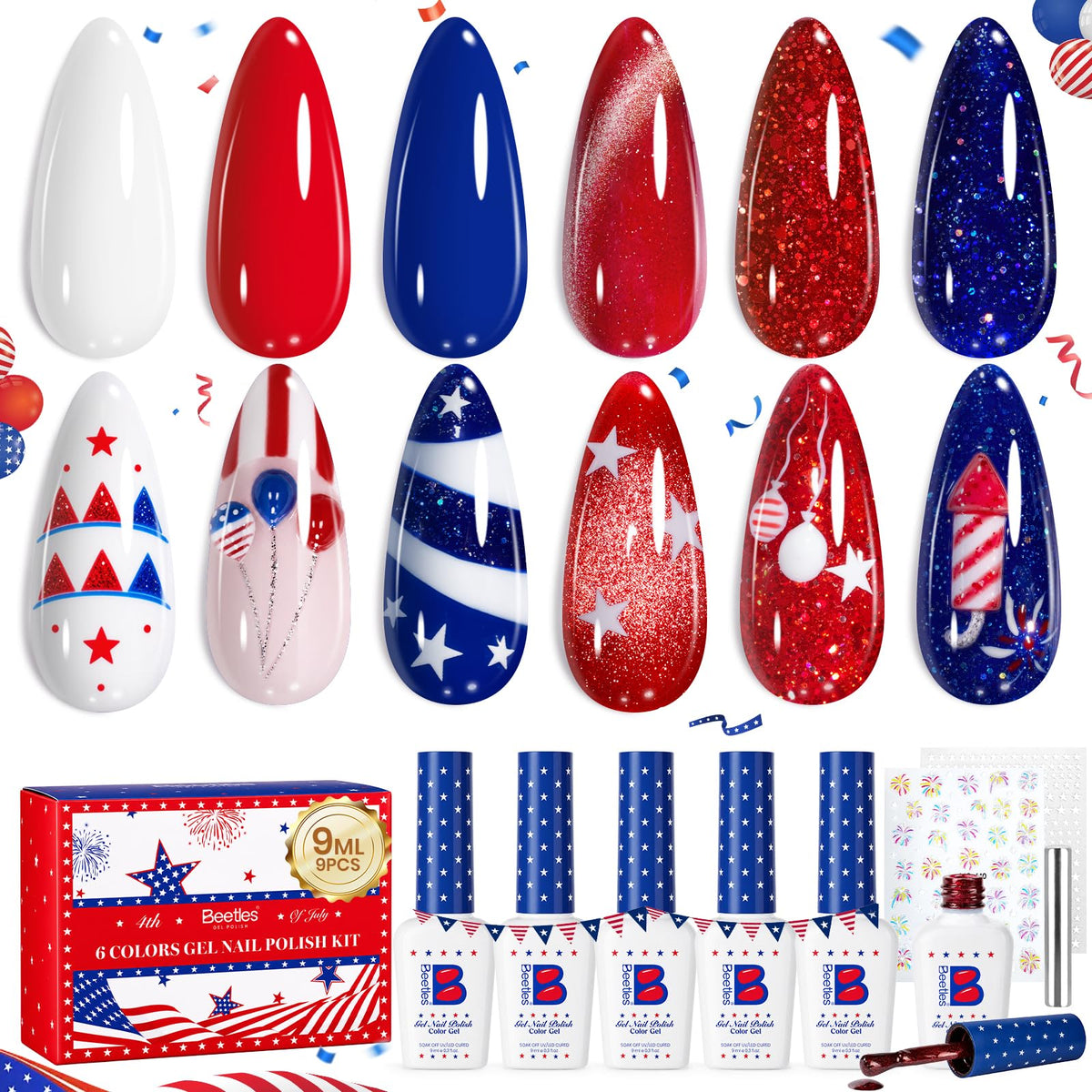 Beetles front packaging showing six patriotic gel bottles and kit benefits