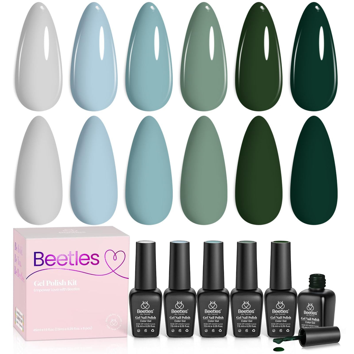 Beetles front packaging showing six bottles and color names for easy selection