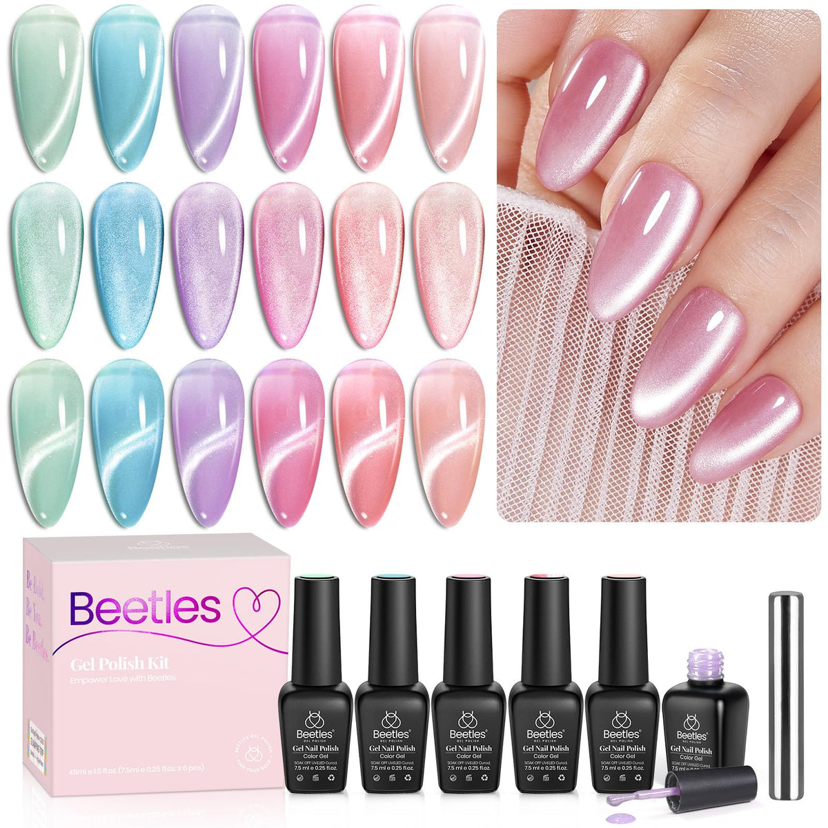 beetles front packaging showing six pastel gel bottles and magnet, showcasing portable kit benefit
