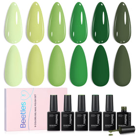 beetles gel polish front packaging displaying six green bottles, clear product lineup benefit