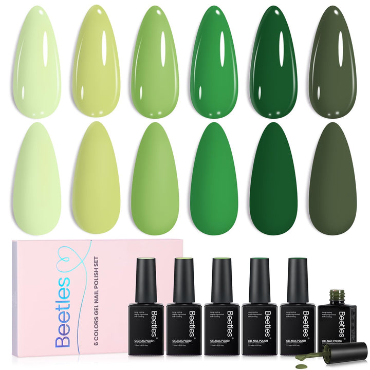 beetles gel polish front packaging displaying six green bottles, clear product lineup benefit
