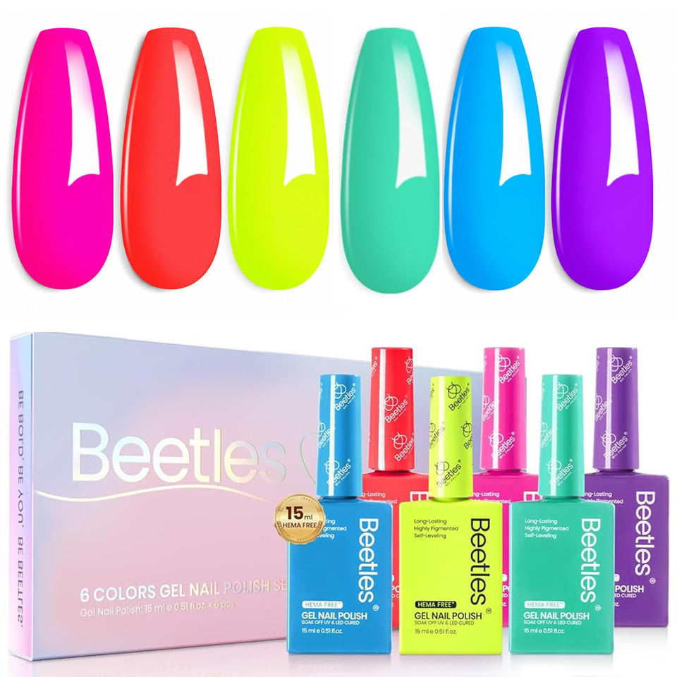Beetles front row bottles showing six neon colors and quick shade selection benefit