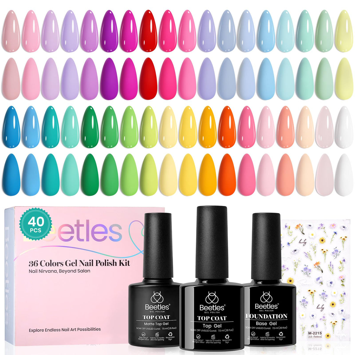 Beetles full set arrangement showing 36 mini gel bottles and accessories, vibrant palette benefit