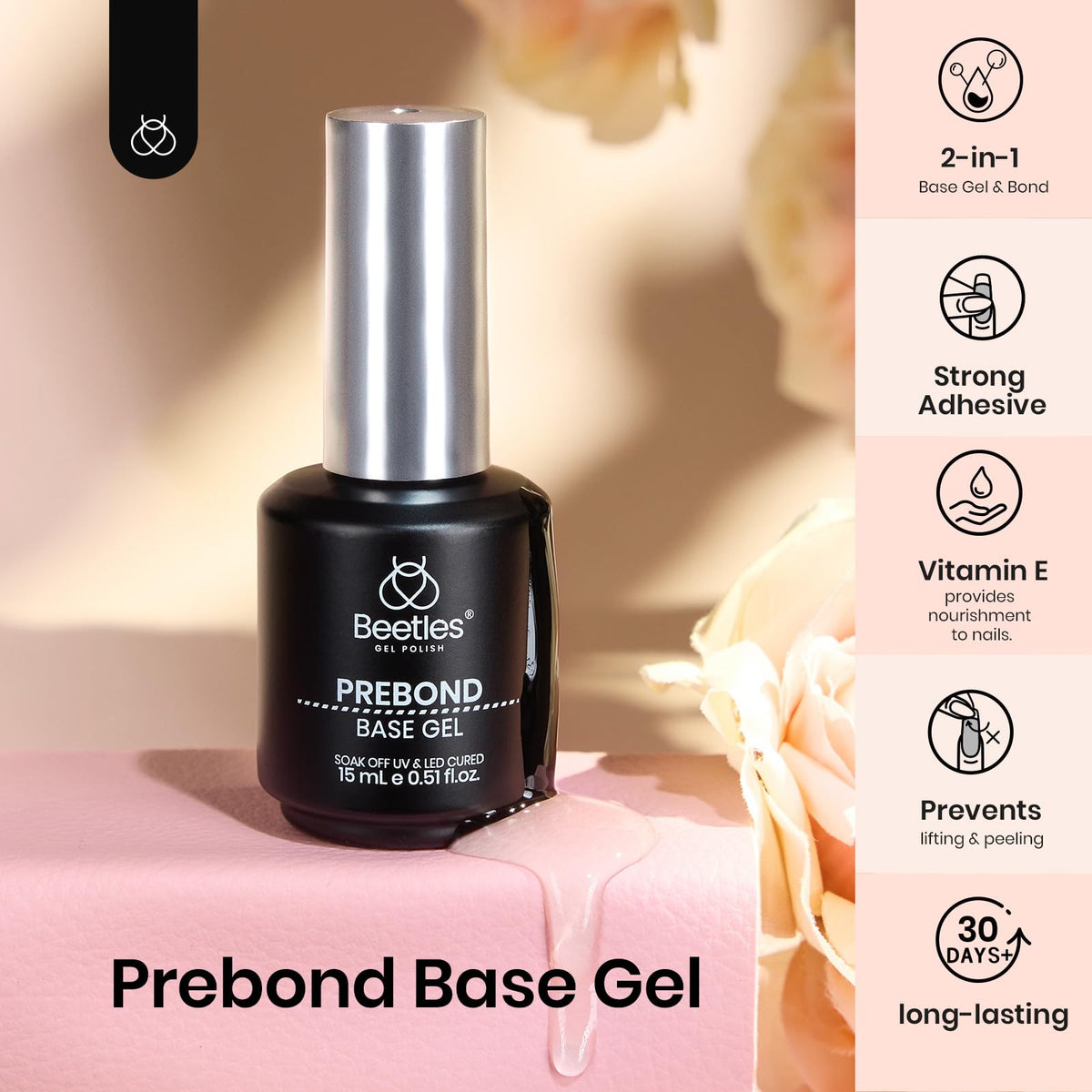 Beetles Gel Base Coat brush and cap close-up showing easy application benefit