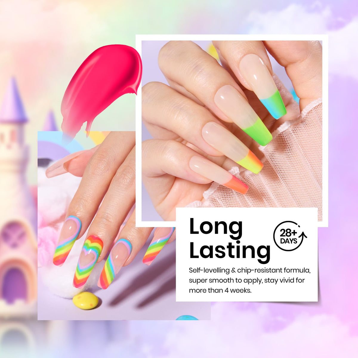 beetles hands with finished neon manicure demonstrating bright shine