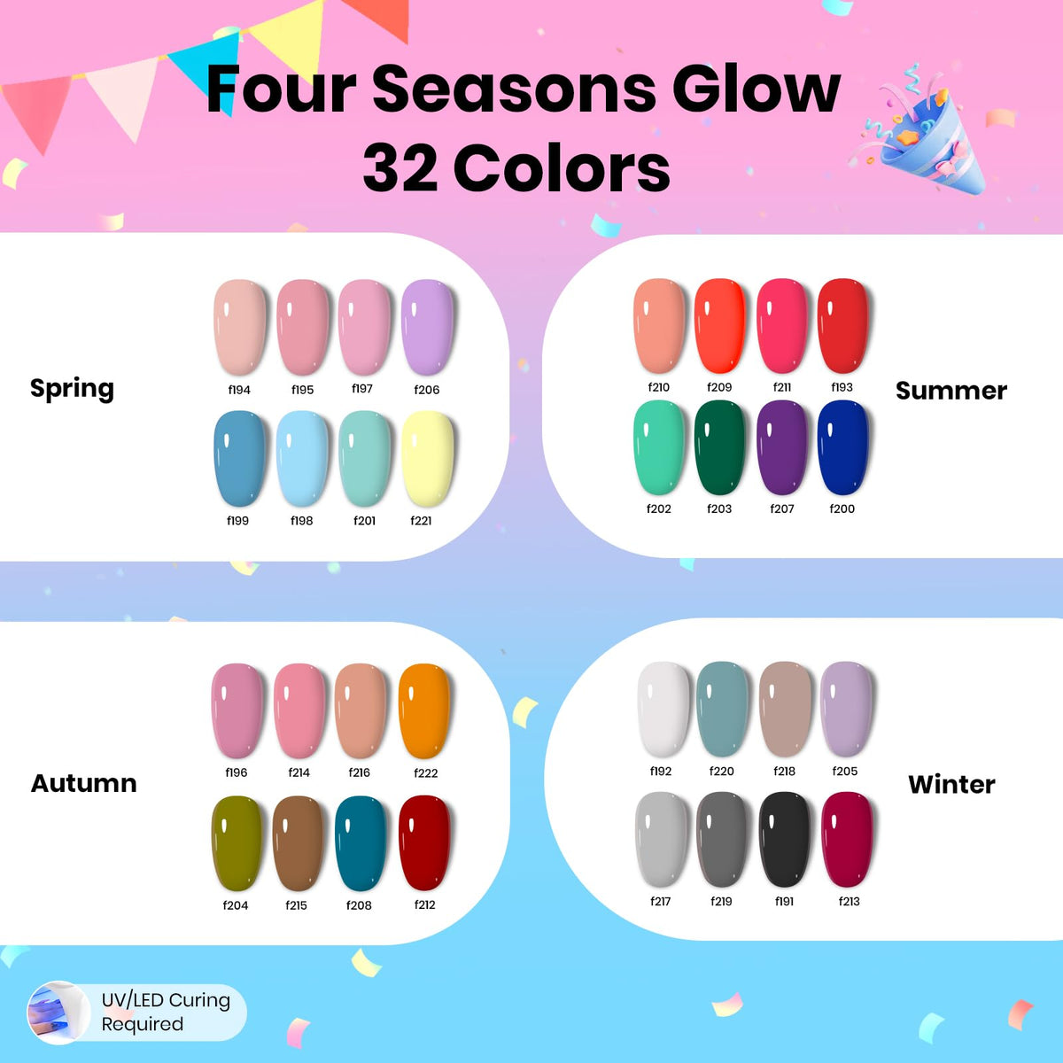 beetles Gel Polish color array displaying 32 seasonal shades to inspire varied nail looks