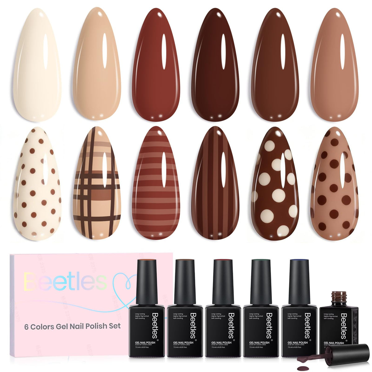 beetles Gel Polish front packaging showing six warm nude shades and benefits