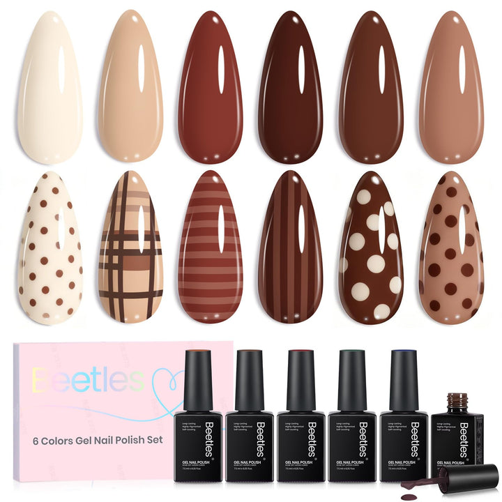 beetles Gel Polish front packaging showing six warm nude shades and benefits