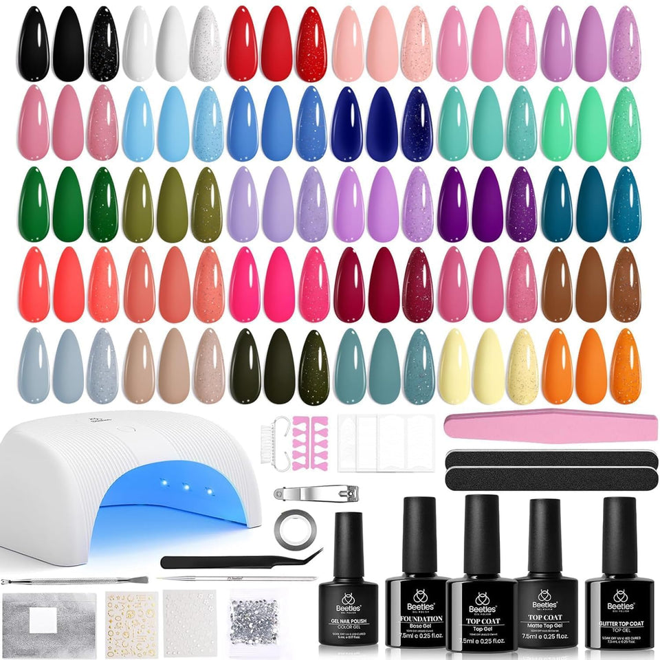 beetles Gel Polish front packaging showing 32 color bottles and lamp for complete kit convenience
