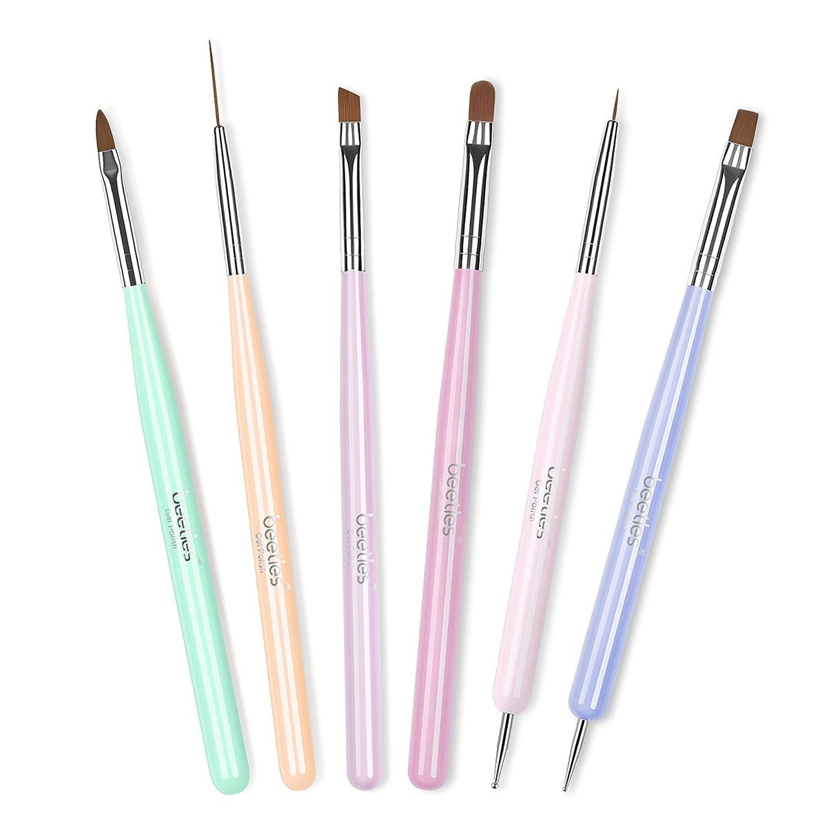Beetles Gel Polish front packaging showing the 6-piece brush set and contents