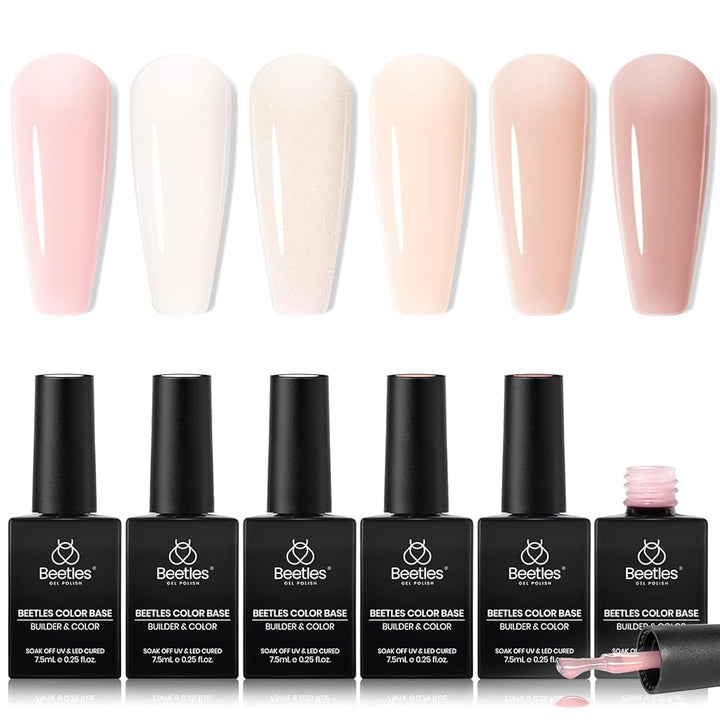 Beetles Gel Polish front packaging showing six nude and pink bottles, ideal starter kit