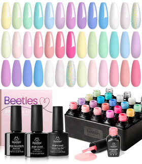 Beetles Gel Polish finished spring manicure in lifestyle setting showcasing colors
