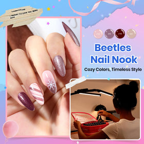 Beetles Gel Polish base and multiple top coat bottles ensuring varied finishes