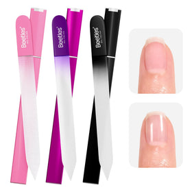 Beetles front view of glass nail file showing slim profile and brand quality