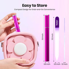 Beetles file in a purse for travel-ready nail maintenance on the go