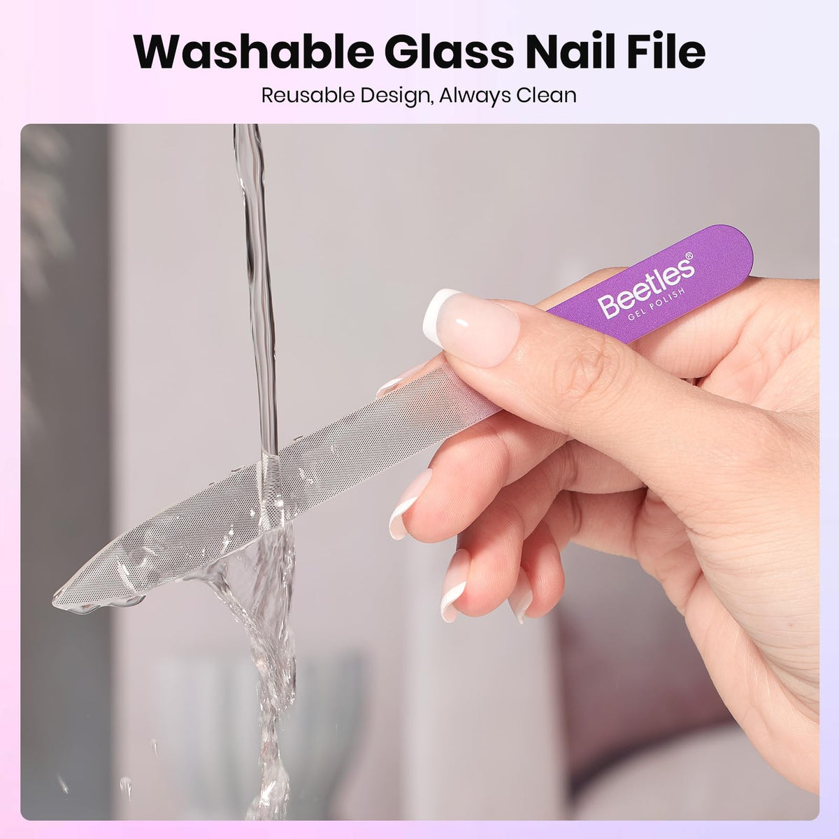 Beetles glass file rinsed under tap to show washable, hygienic care