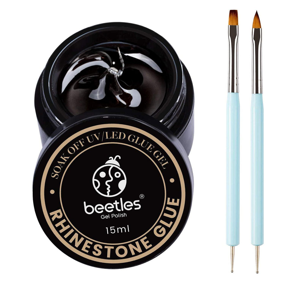 beetles rhinestone glue front packaging showing product and brushes for neat storage