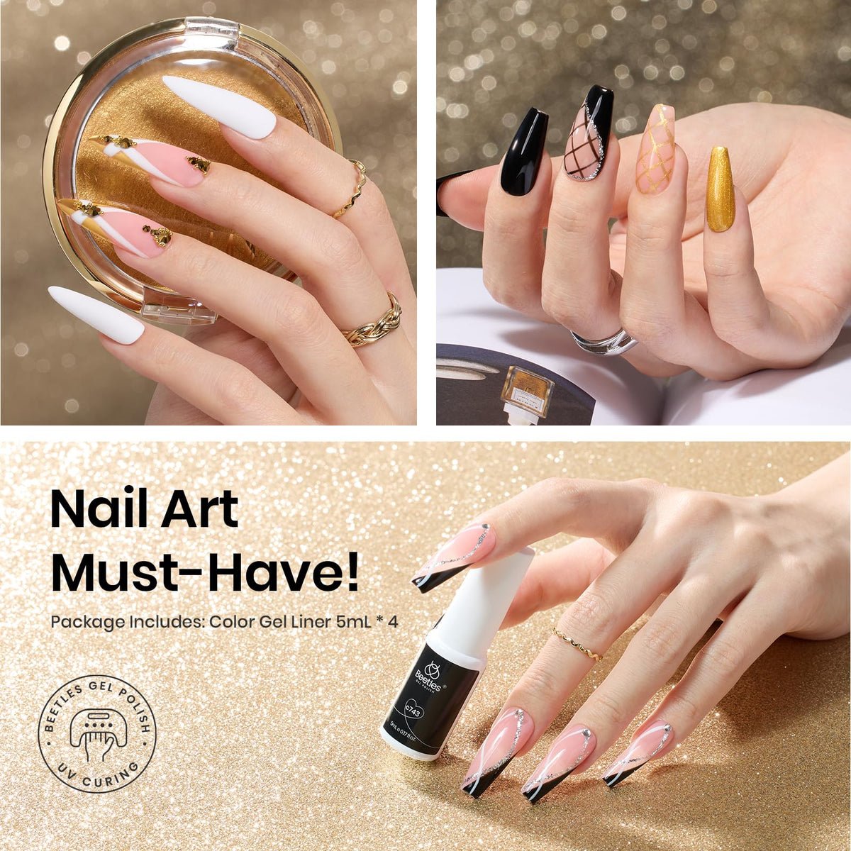 beetles reflective gold liner gel swatch on nail tip showing metallic shine for party designs