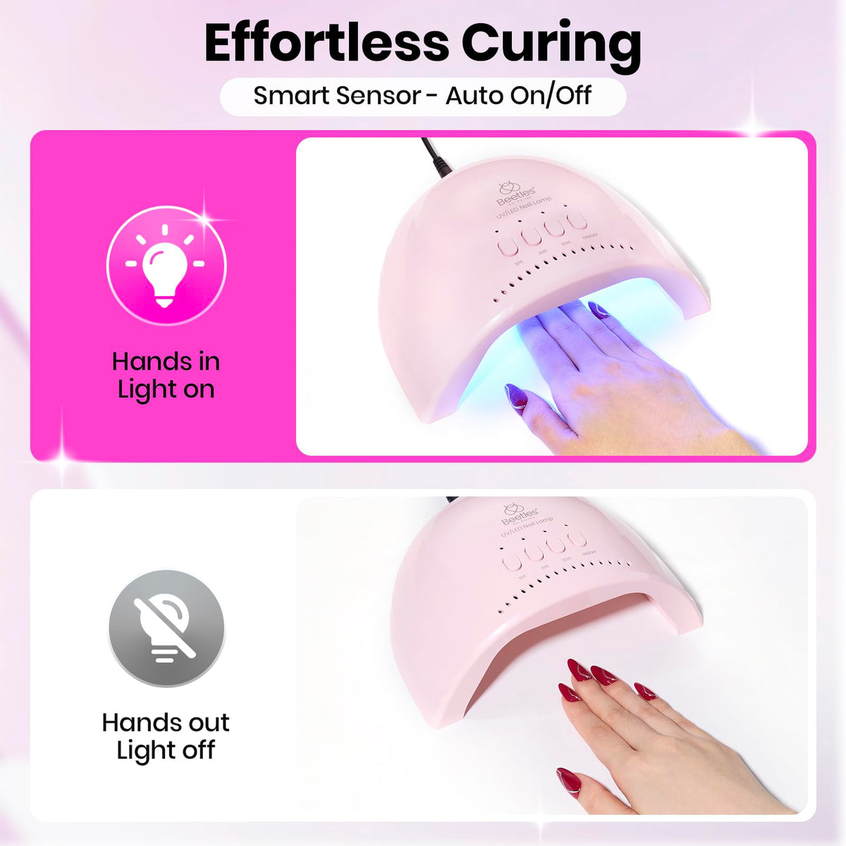 beetles hand inside lamp during cure demonstrating fast salon-style results
