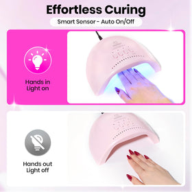 beetles hand inside lamp during cure demonstrating fast salon-style results