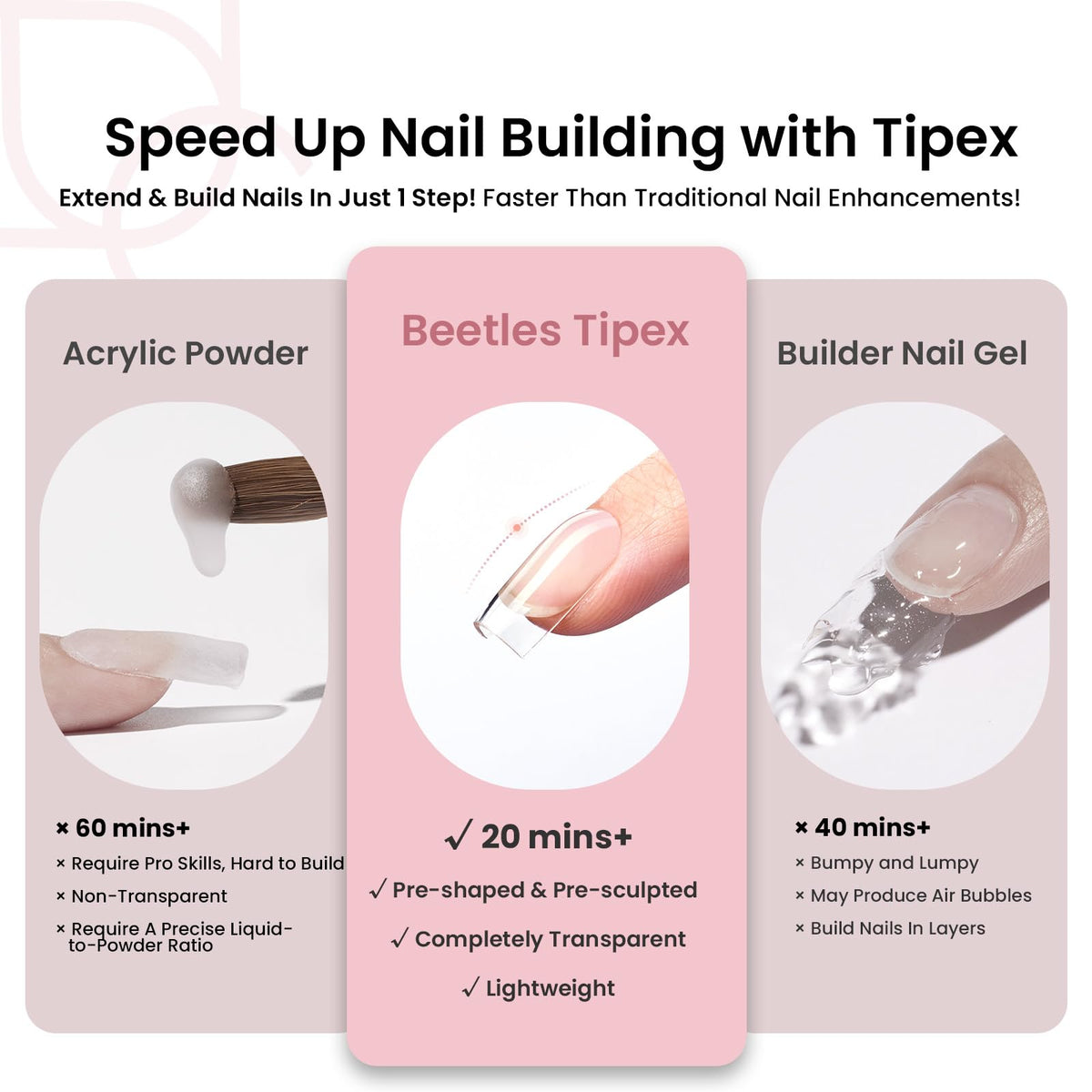 Beetles Gel Polish in-use shot pressing a tip onto a natural nail for fast application