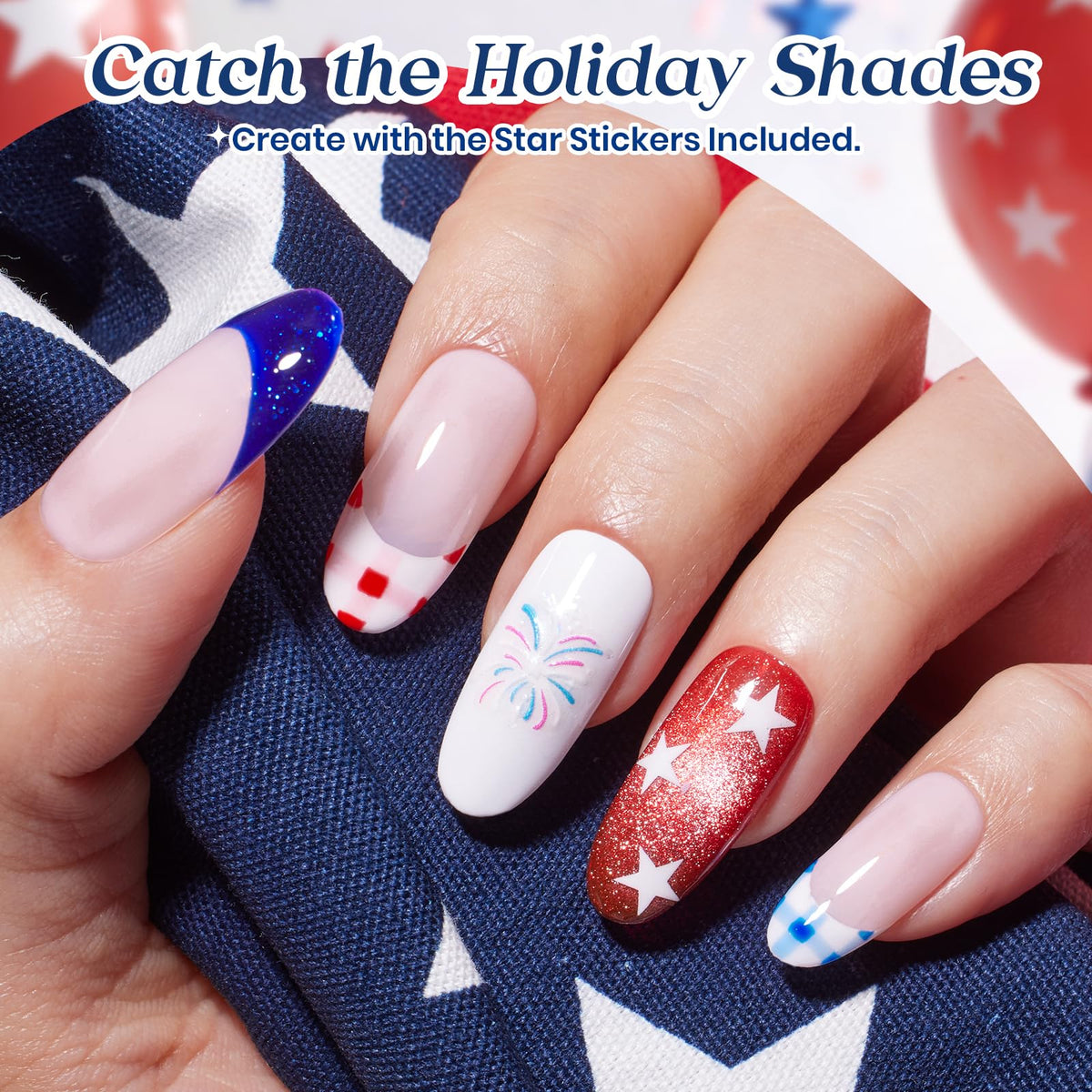 Beetles manicure on hands showing finished patriotic design and glossy shine