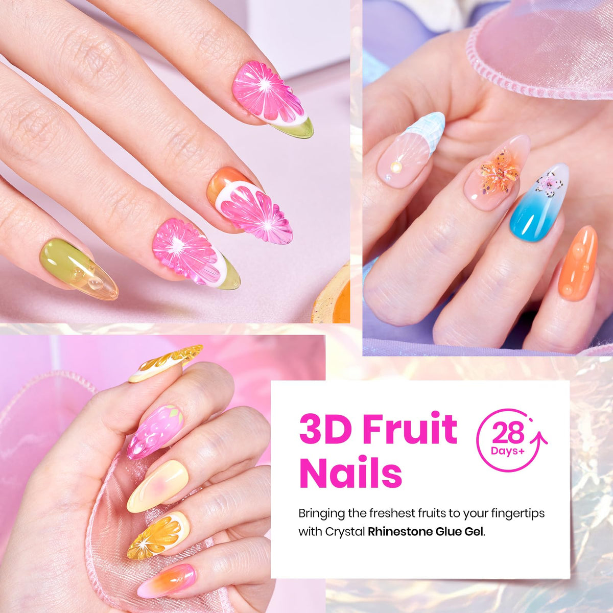 beetles manicure on hands wearing neon jelly and glitter, showcasing finished summer look