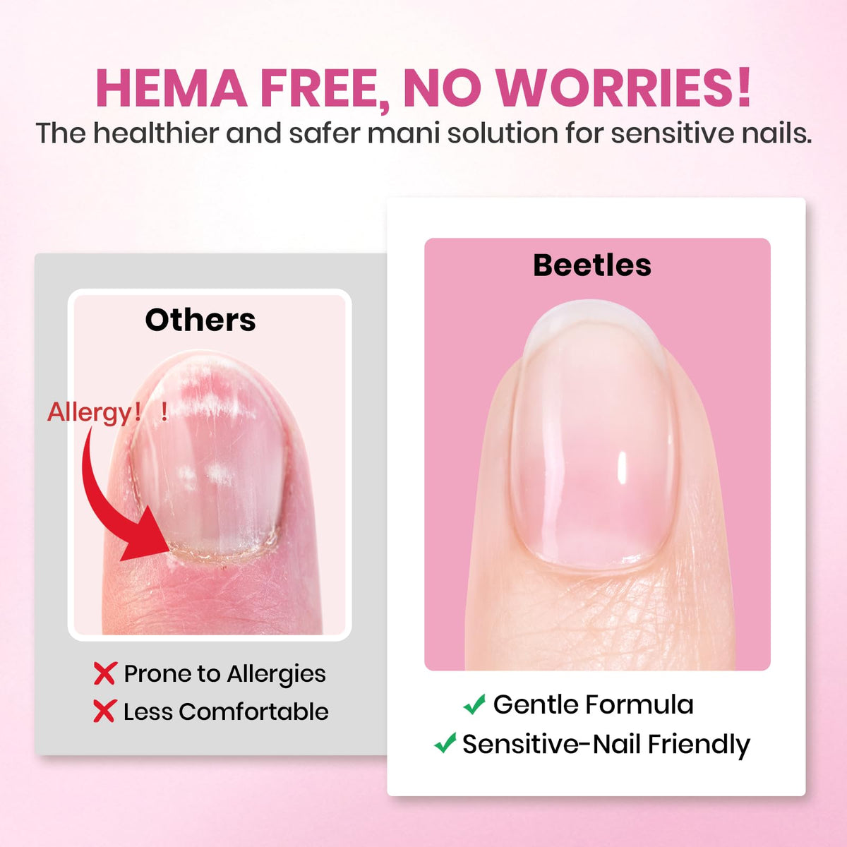 Beetles Gel Polish application scene with press-on tip being applied precisely
