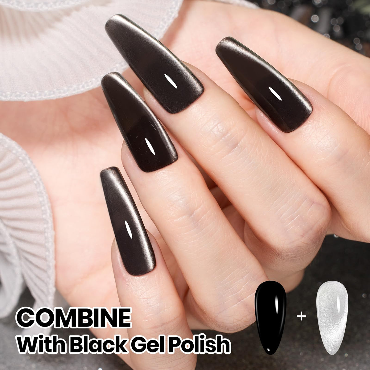 Beetles magnetic tool held above nail producing controlled shimmer and design