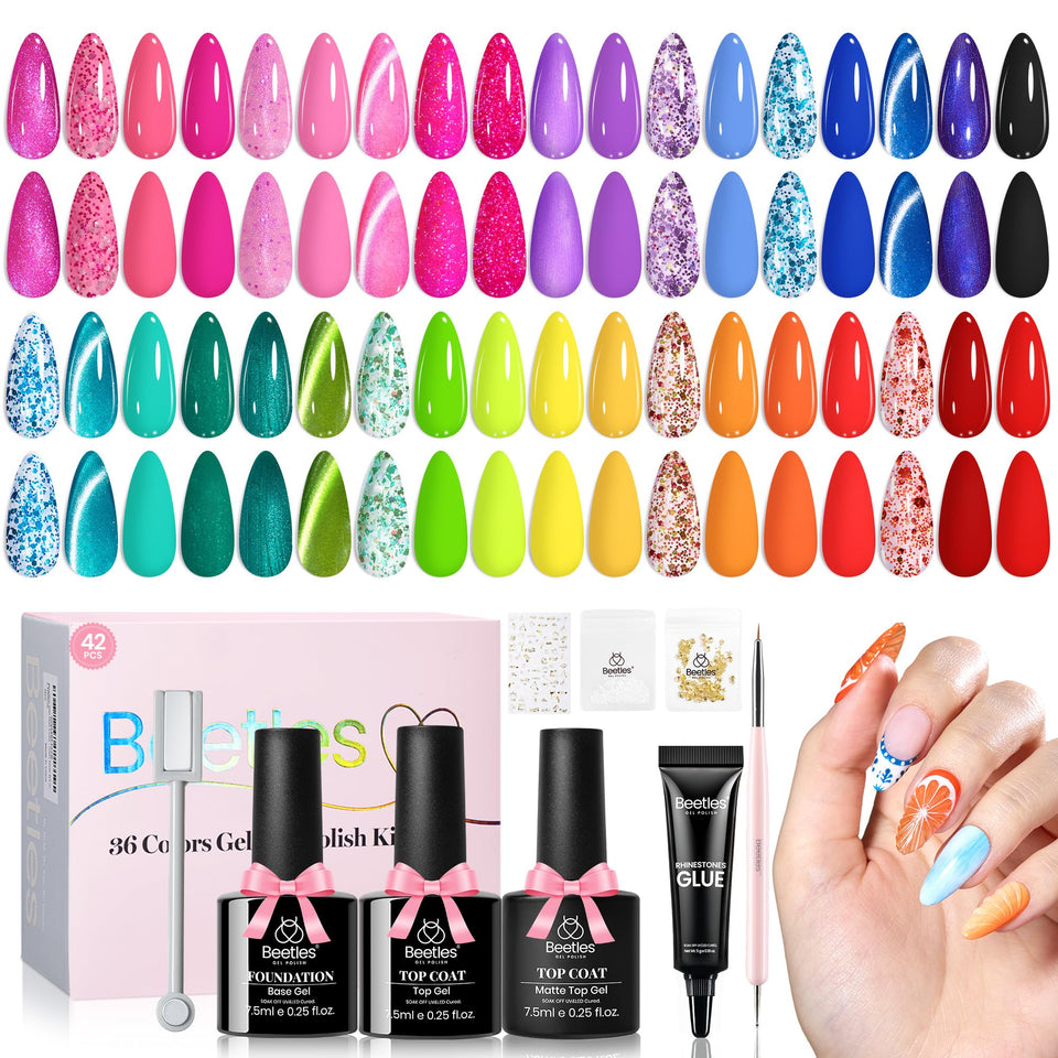 Beetles Gel Polish kit box front showing tropical gift packaging and 36 colors