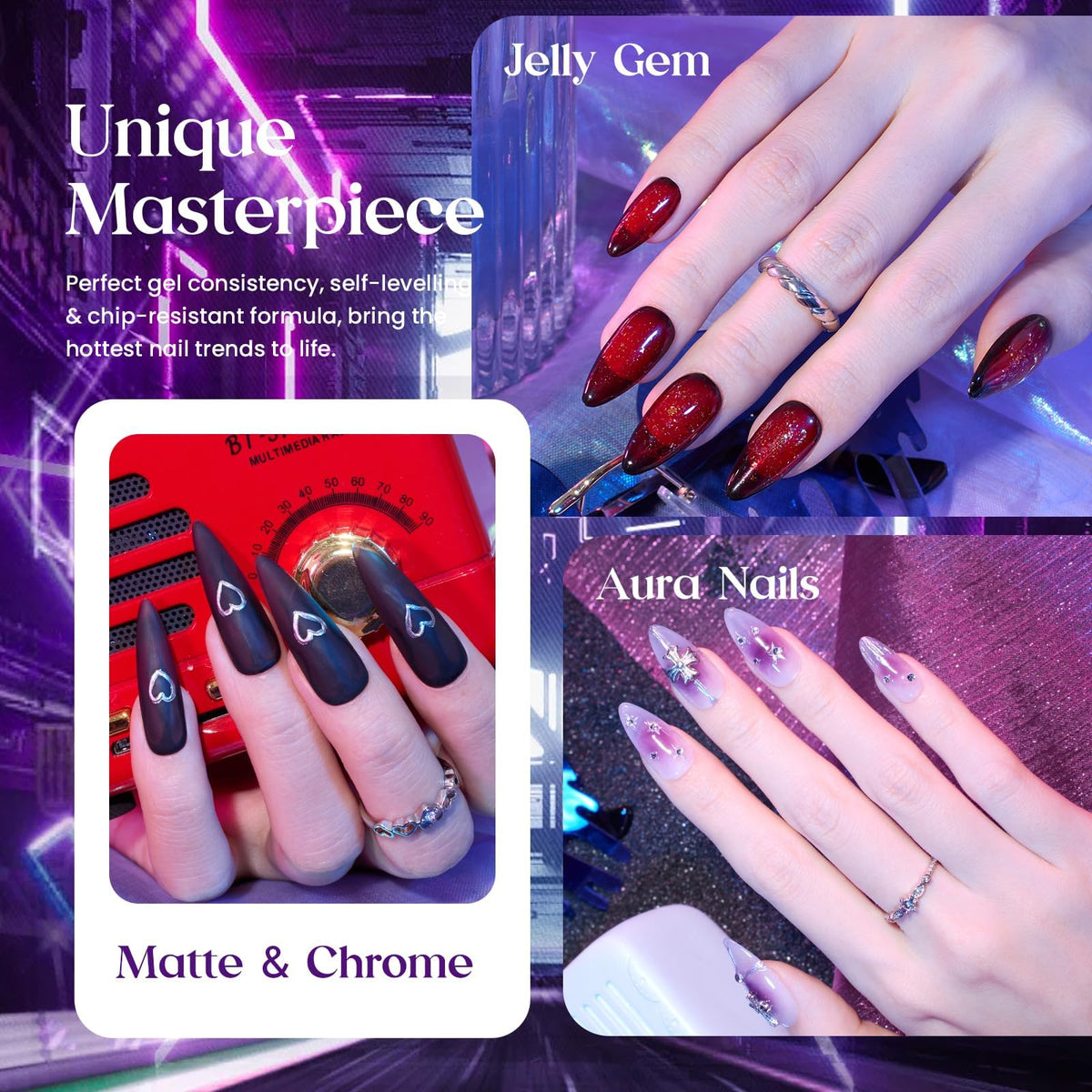 Beetles layered swatches on nail tips demonstrating buildable color payoff