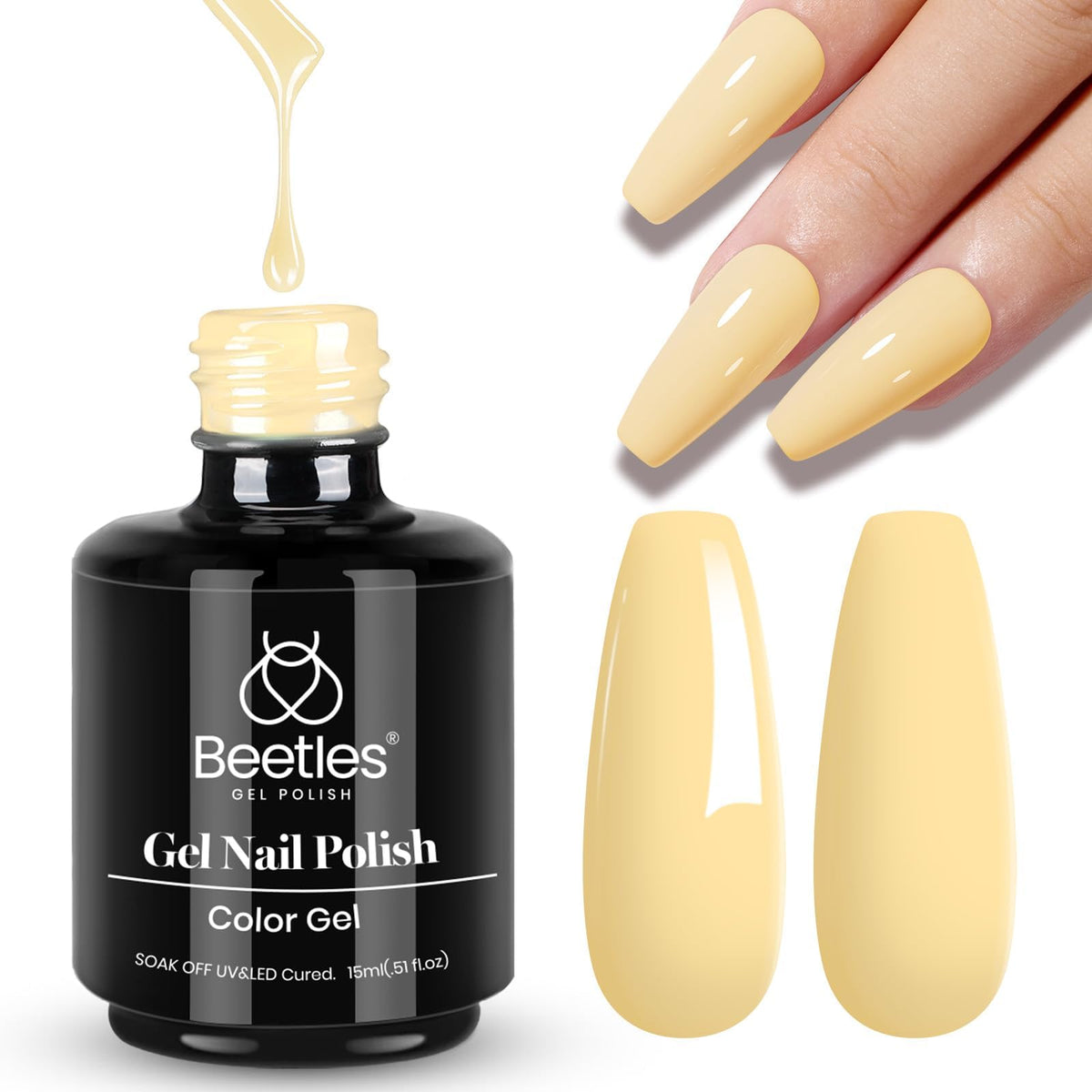 Beetles bottle front view showing lemon chiffon pastel yellow for vibrant nails