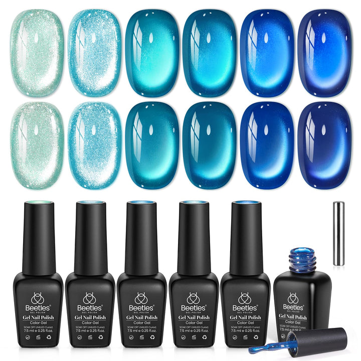 beetles front packaging showing six blue cat eye polishes and magnet, clear kit presentation