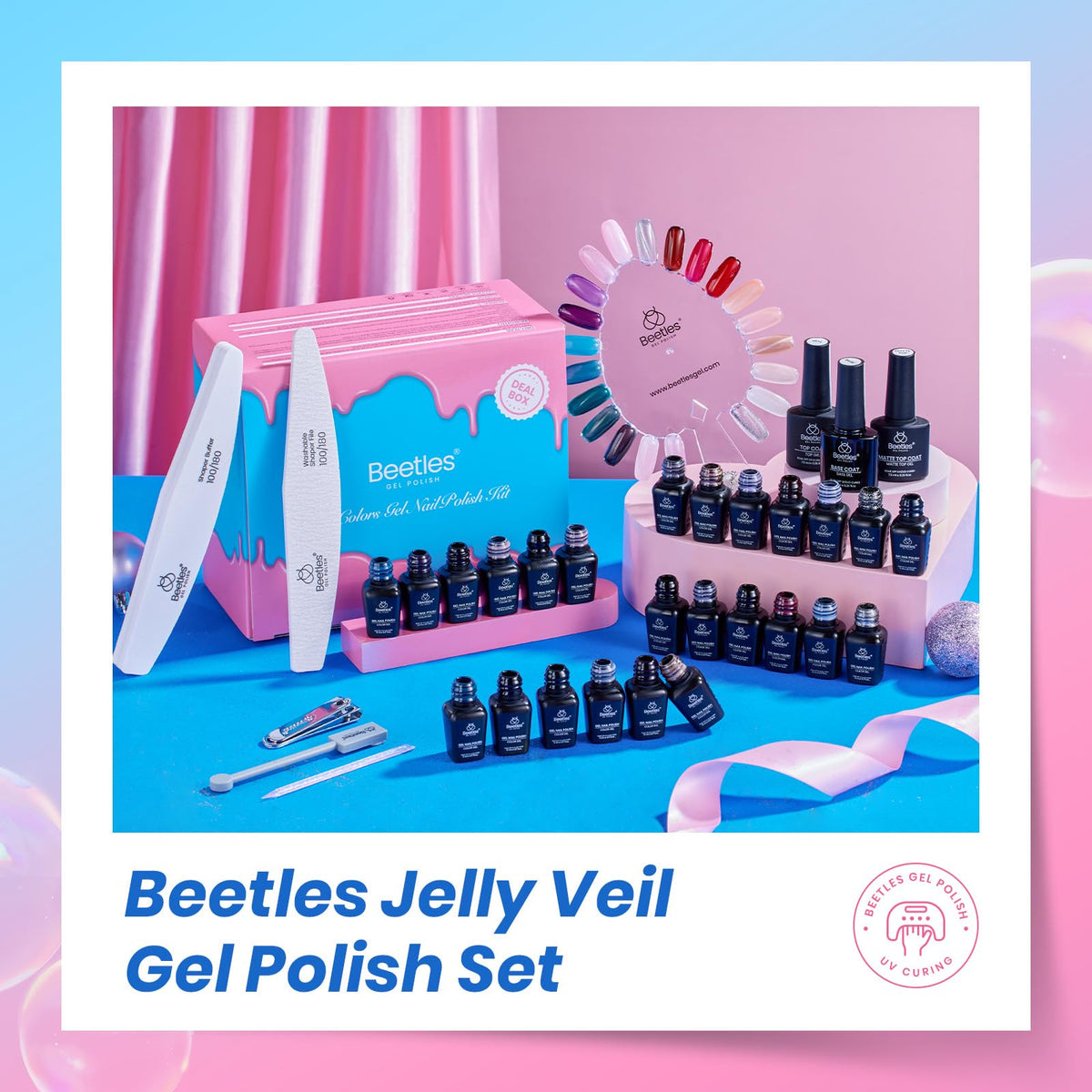 beetles lifestyle beach party nails showing finished manicure benefit: summer-ready look