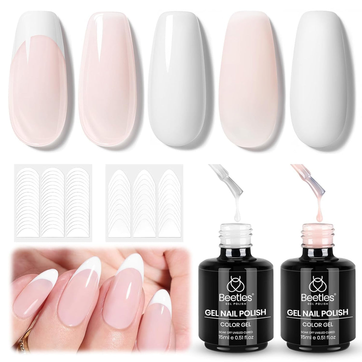 Beetles Gel Polish lifestyle hands resting on marble showcasing classic French manicure result