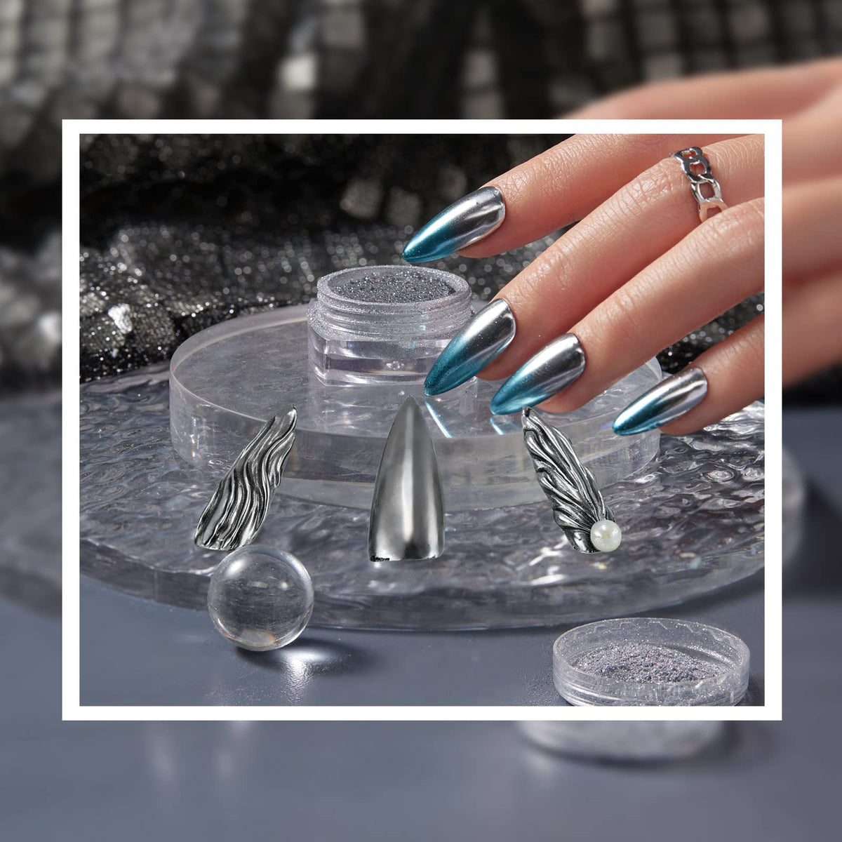 beetles finished manicure styling in lifestyle scene, salon-quality reflective nails