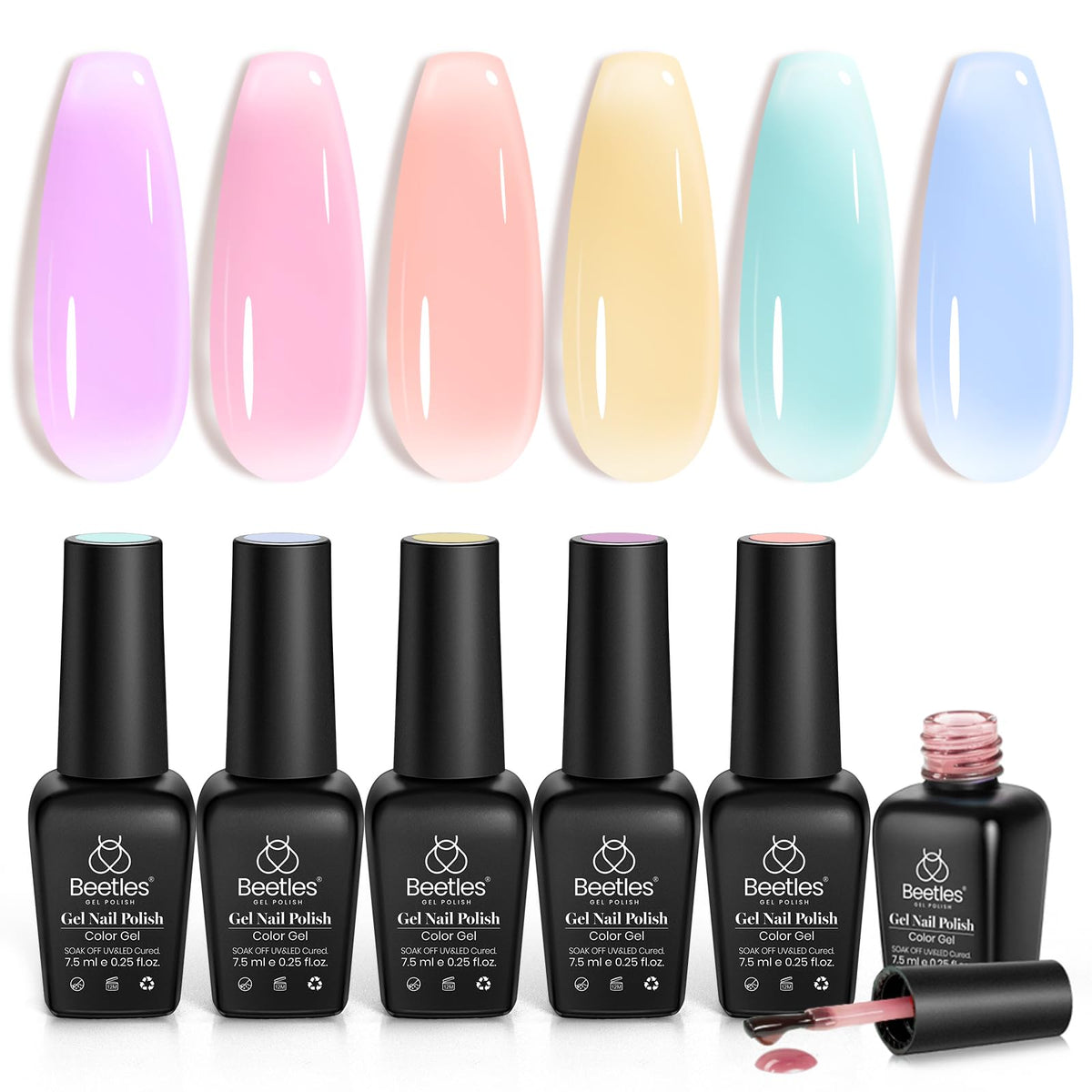 Beetles finished spring manicure in lifestyle scene highlighting soft pastel look