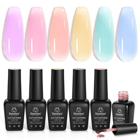 Beetles finished spring manicure in lifestyle scene highlighting soft pastel look