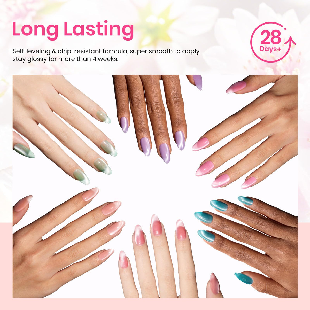 beetles lifestyle spring nails on hands outdoors, highlighting seasonal pastel styling
