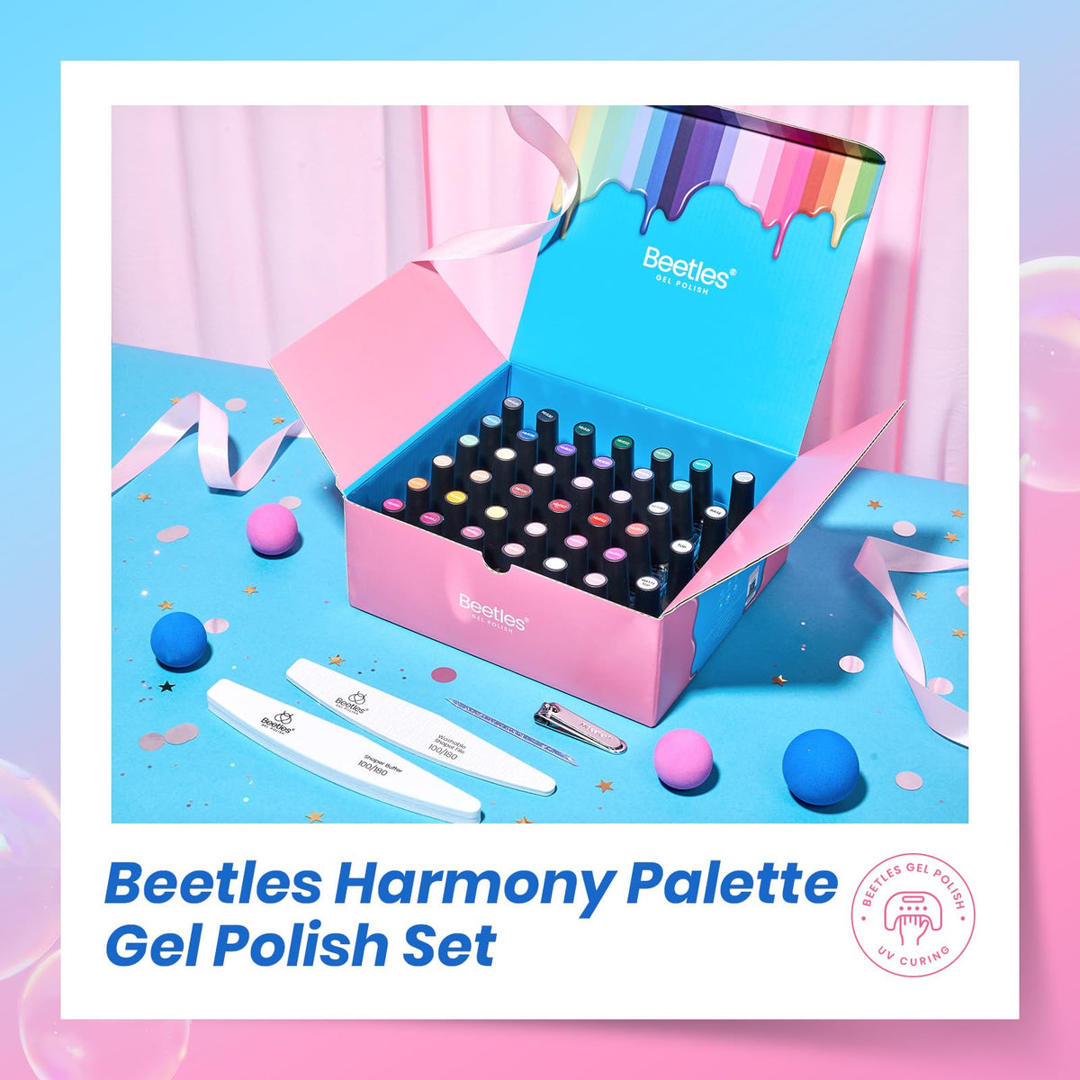 beetles manicure in use with hands applying color under LED lamp, DIY salon-quality benefit
