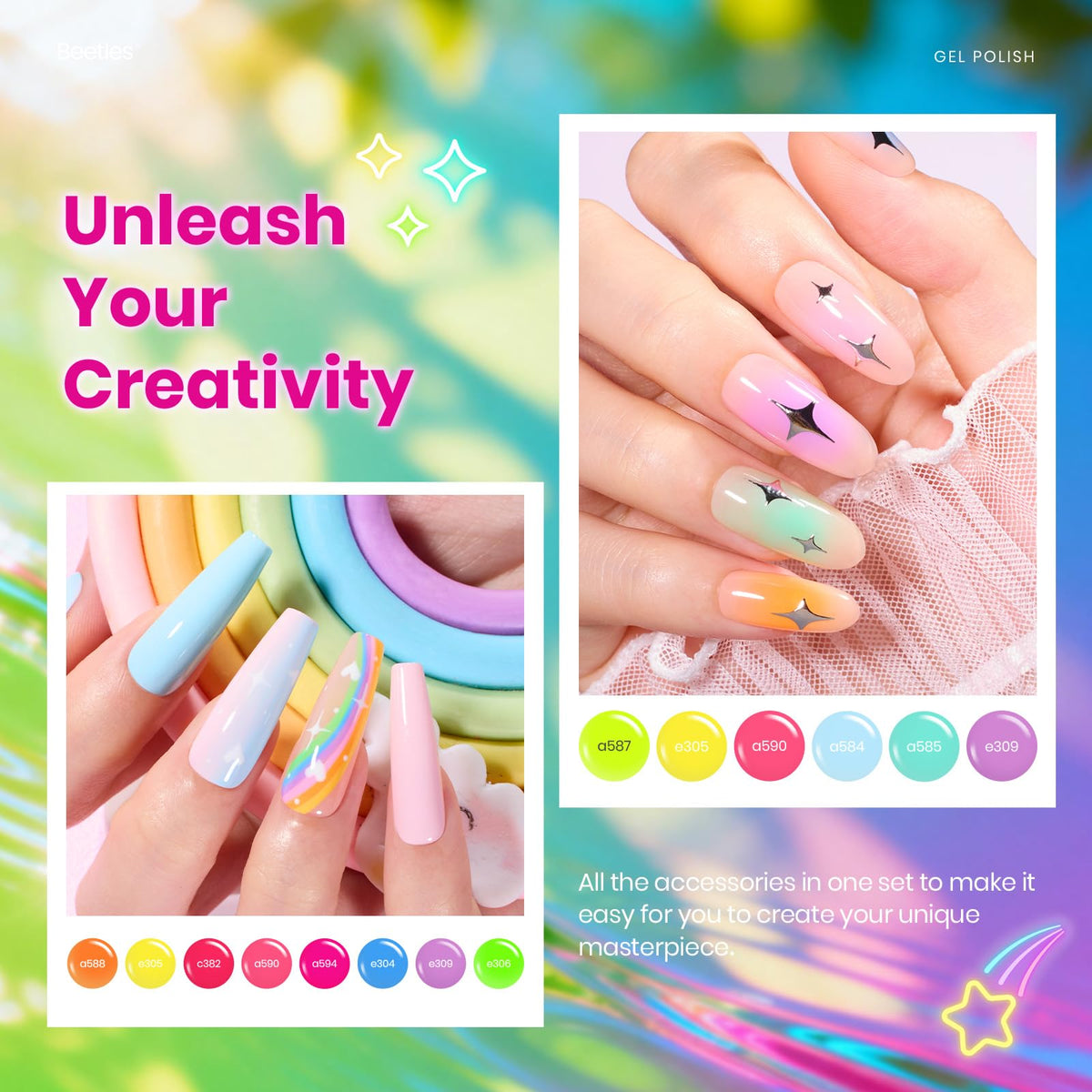 Beetles manicure in use with cured neon nails, showcasing salon-quality finish