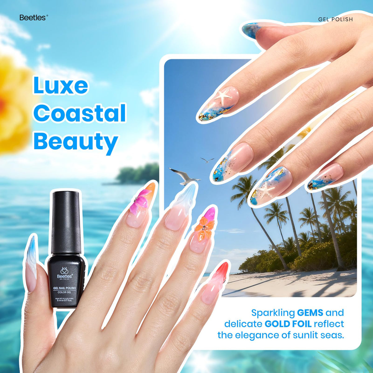 Beetles Gel Polish manicured hands at the beach showing durable, vacation-ready nails
